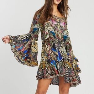 CAMILLA 100% Silk A-line Off the Shoulder Gems Boho Frill Dress Women’s Sz M